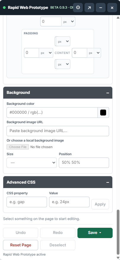 Background and Advanced CSS controls in Rapid Web Prototyper