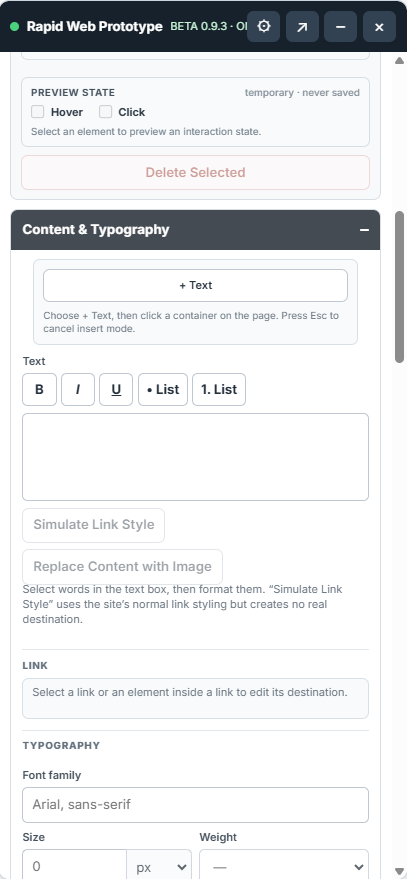 Content and Typography controls in Rapid Web Prototyper