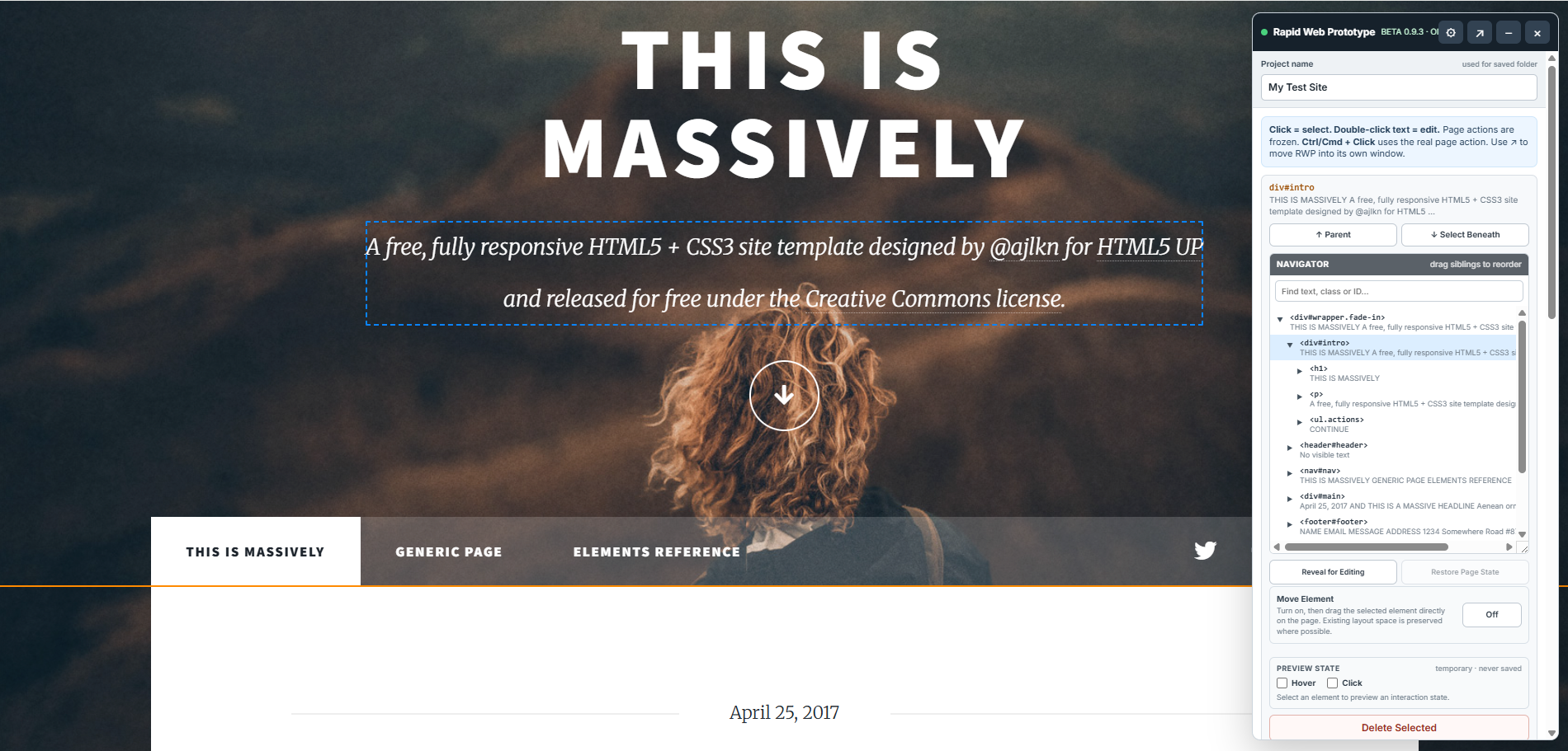 Rapid Web Prototyper editing a webpage locally in the browser