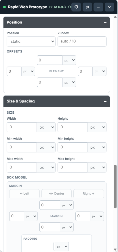 Position, Size and Spacing controls in Rapid Web Prototyper