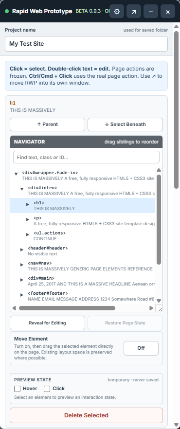 Rapid Web Prototyper Navigator and element controls