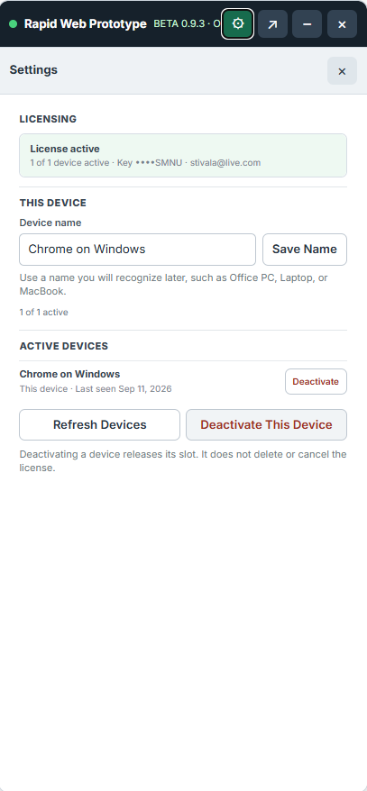 Rapid Web Prototyper licensing and device management settings