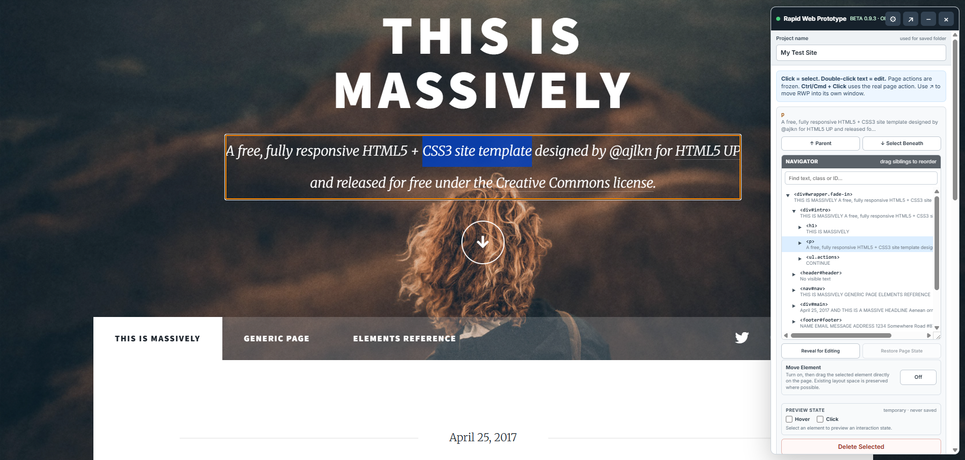 Text selected for editing while Rapid Web Prototyper is open